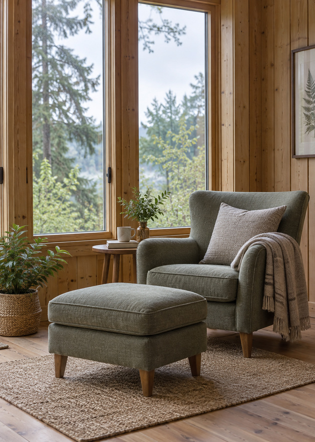 Armchair and footstool beside tall cabin windows