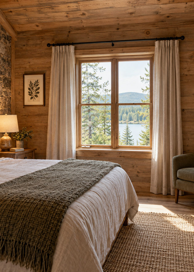 A timber-and-stone cabin bedroom with a double bed