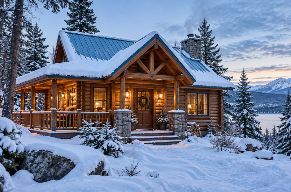 Snow-covered log cabin with blue metal roof