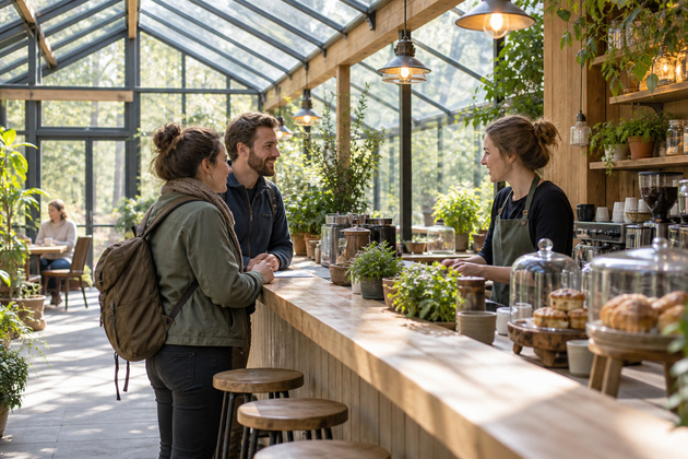 Visitors at a glass-roofed cafe counter