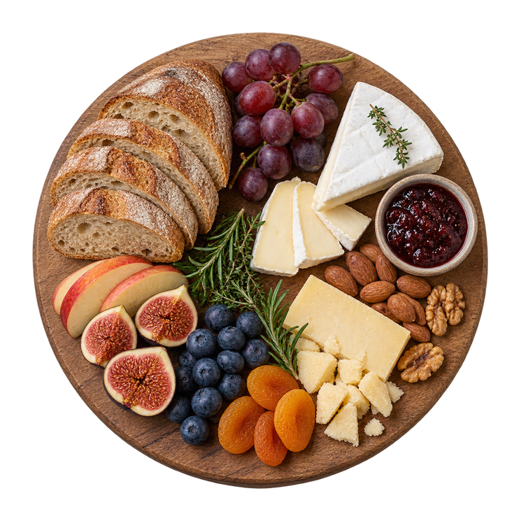 An original overhead round board containing bread, cheese, seasonal fruit and a small jam bowl. Entire circumference visible, isolated on a genuinely transparent background; no plates or board edges cut off.
