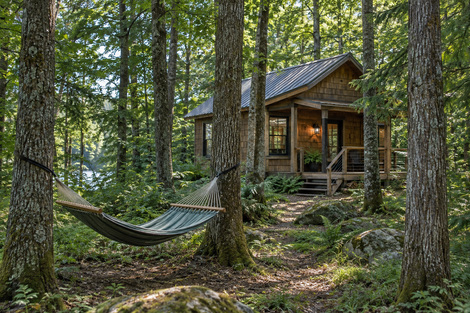 Small woodland cabin and hammock