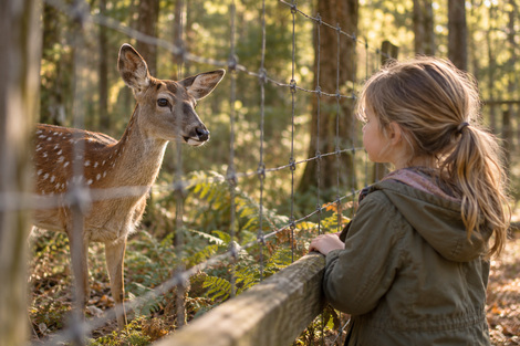 Child viewing deer through a fence