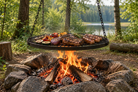 Meat cooking on a suspended grill above a campfire