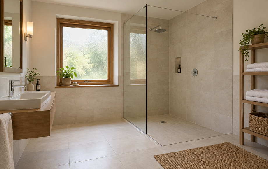A larger private walk-in shower room with a timber-framed window