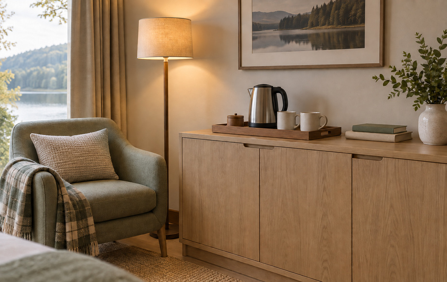 Tea tray, kettle and cups on a closed sideboard beside a reading chair