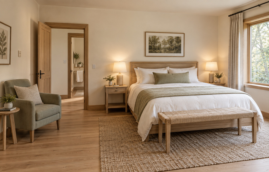 Bright double bedroom; use the more spacious Lake Room vocabulary, pale timber, comfortable seating and uncluttered finishes; retain the same fictional lodge identity.