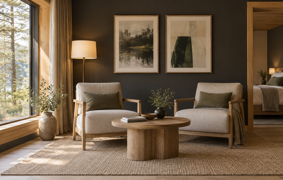 Comfortable armchairs and framed art in a Lake Room sitting area
