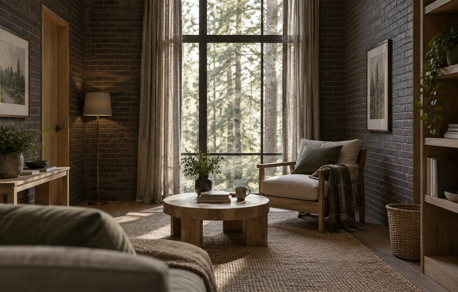 A Lake Room sitting corner with dark brick and a tall window