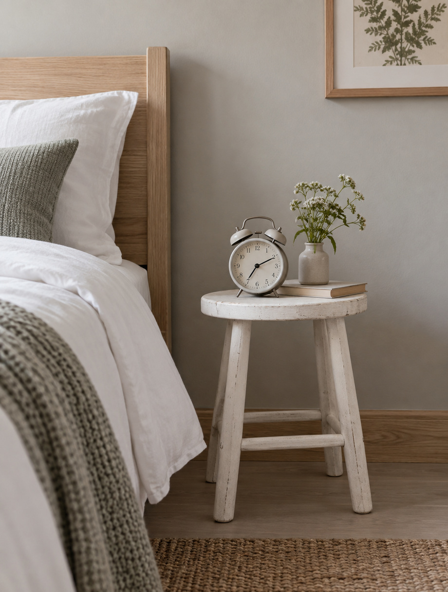 Bedside stool and alarm clock in a Woodland Room