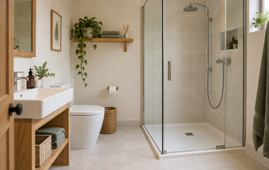 A practical private shower room with pale tile and a timber shelf