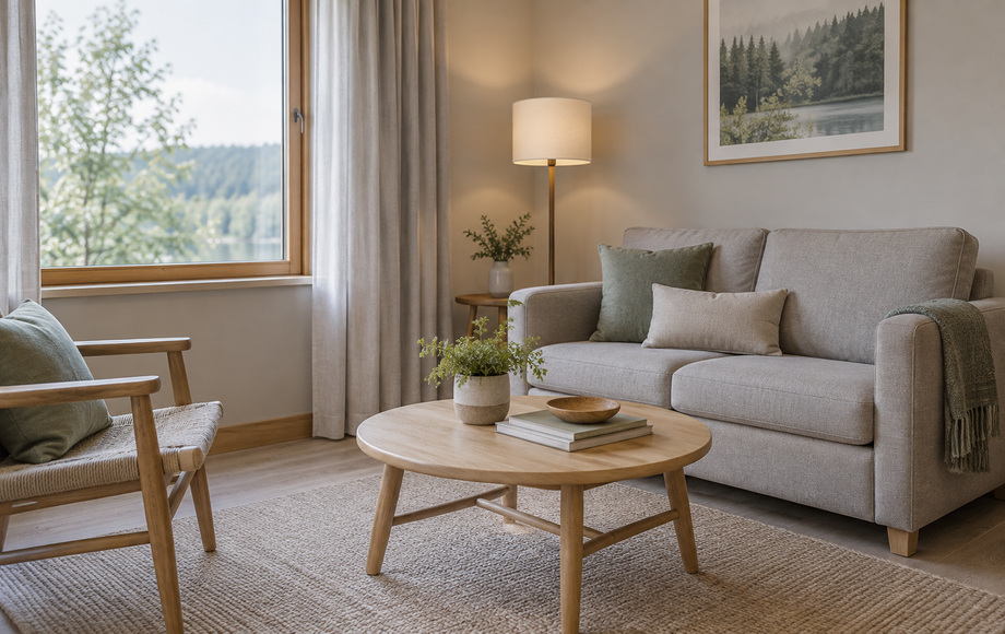 A compact sofa and timber coffee table beside a Woodland Room window