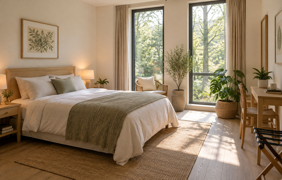 Sunlit bedroom with plants beside tall windows; keep a modest Woodland Room vocabulary: light timber, practical furniture and natural daylight, with a single or double arrangement only.