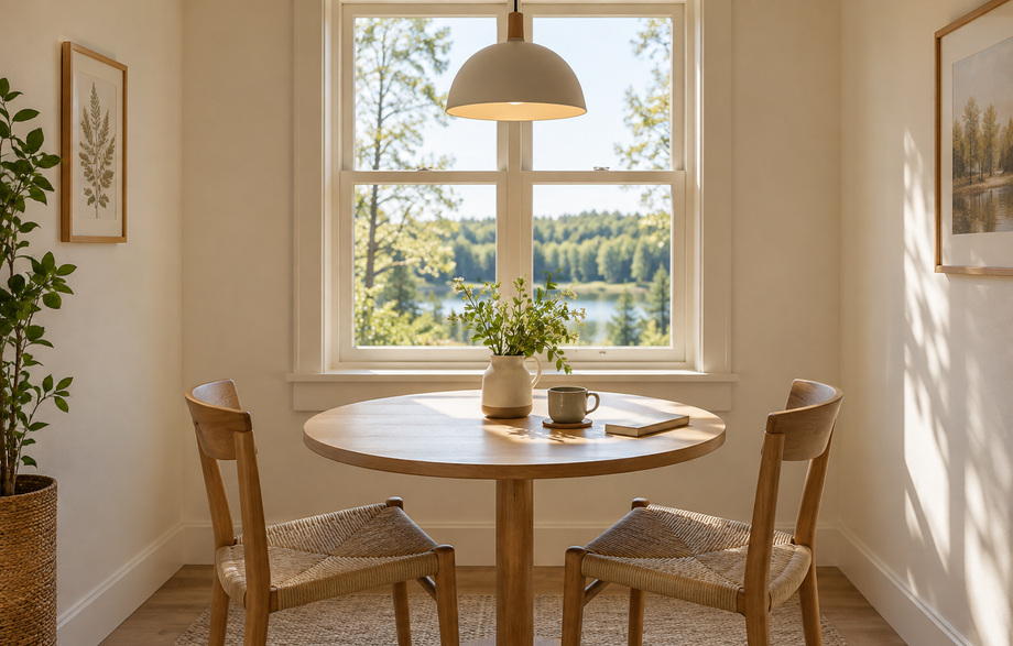 A small timber table beside a Woodland Room window