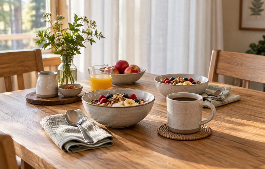 Breakfast served at a timber table in the lodge