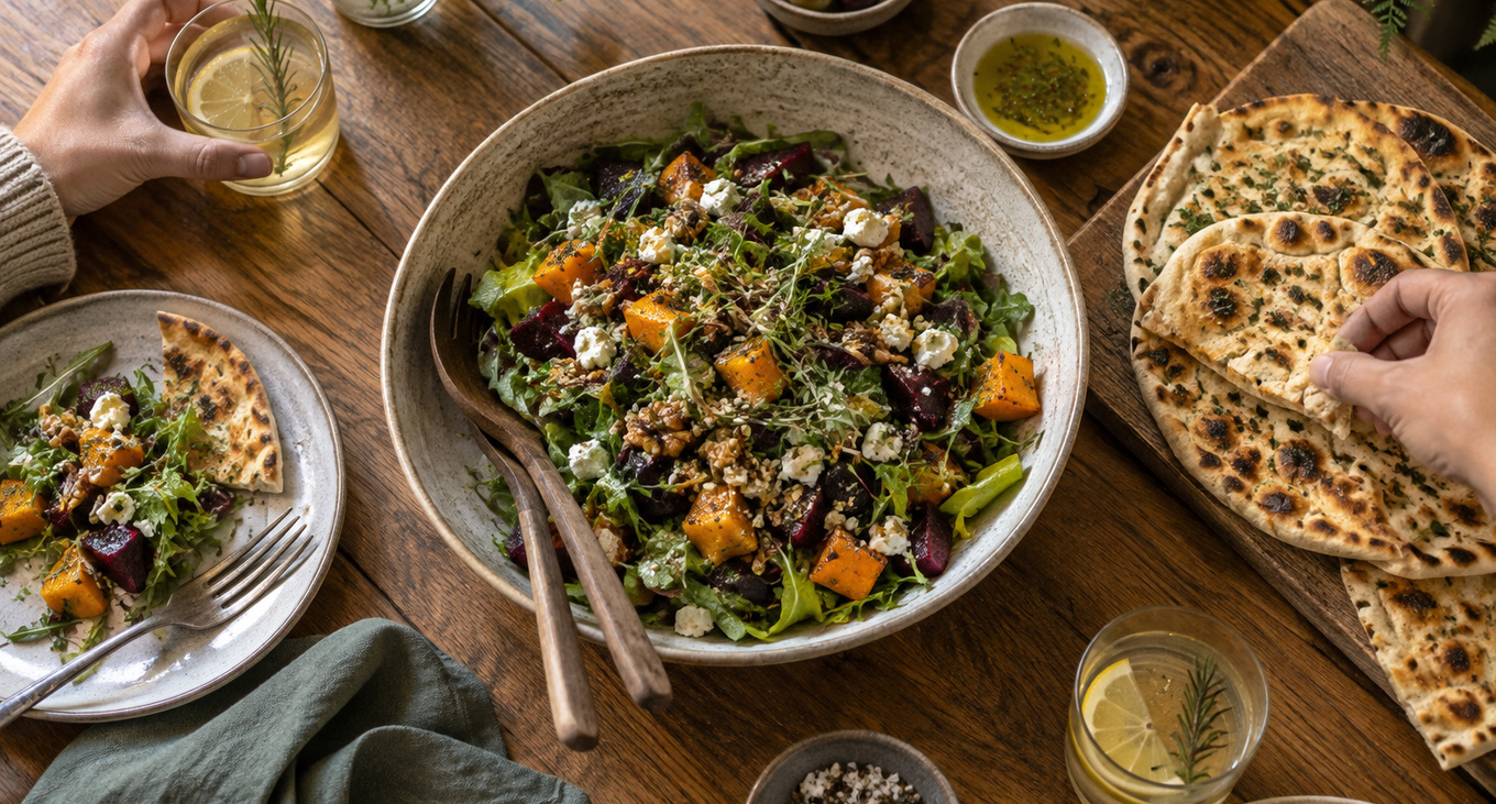 Salad and flatbreads served on a wooden table