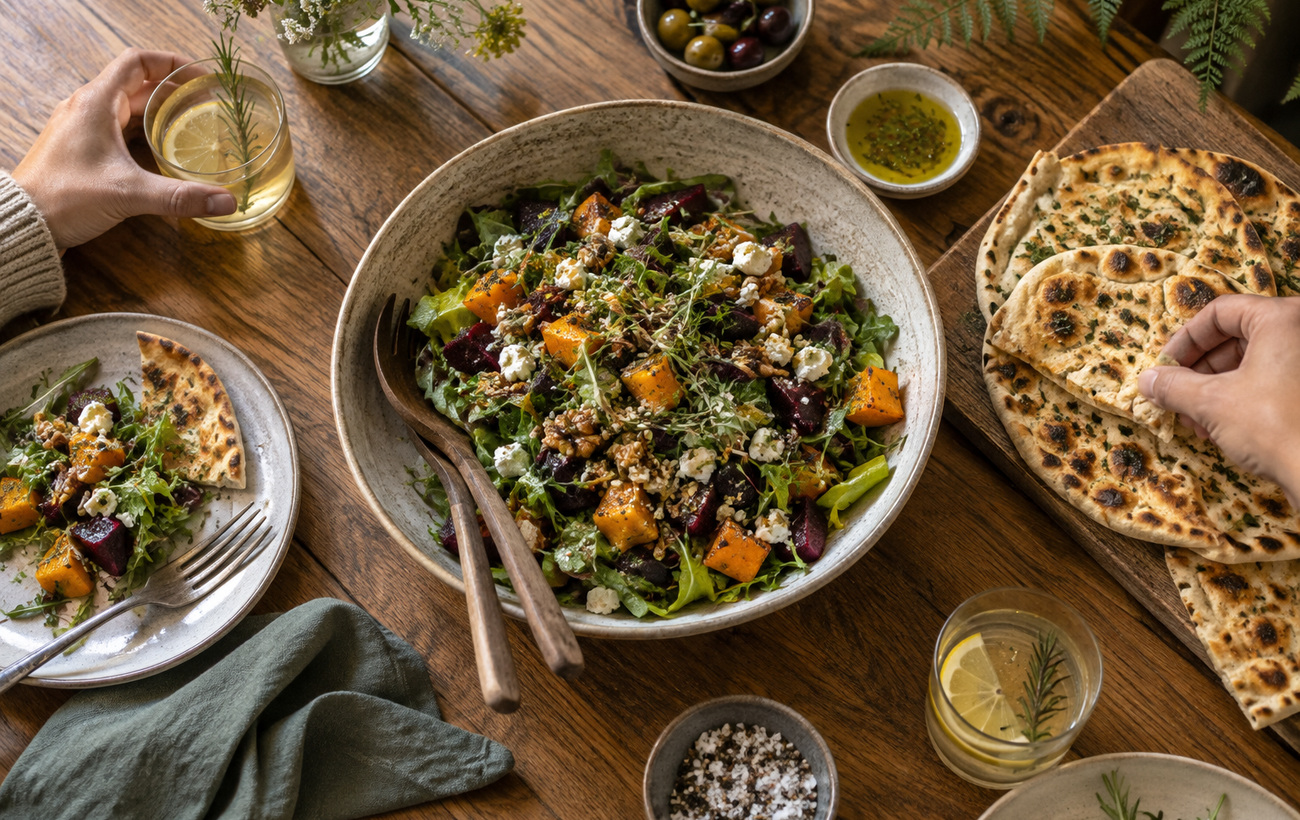Seasonal ingredients served as a salad and flatbread at the lodge table