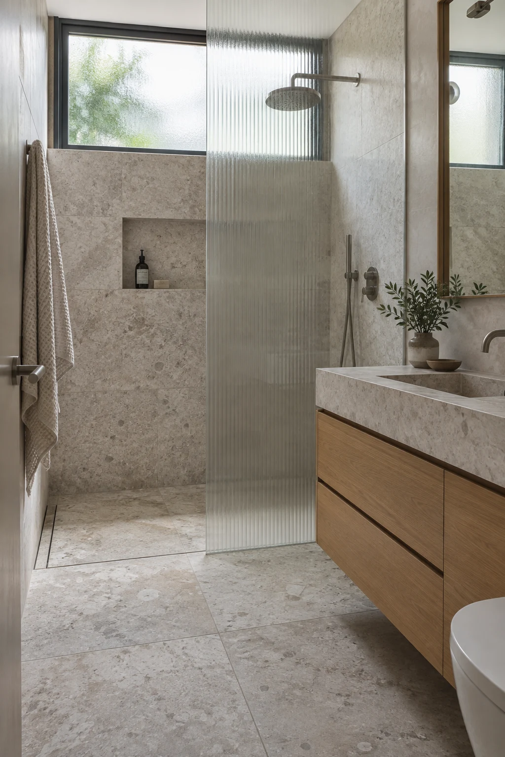 Calm apartment bathroom with textured stone and brushed metal