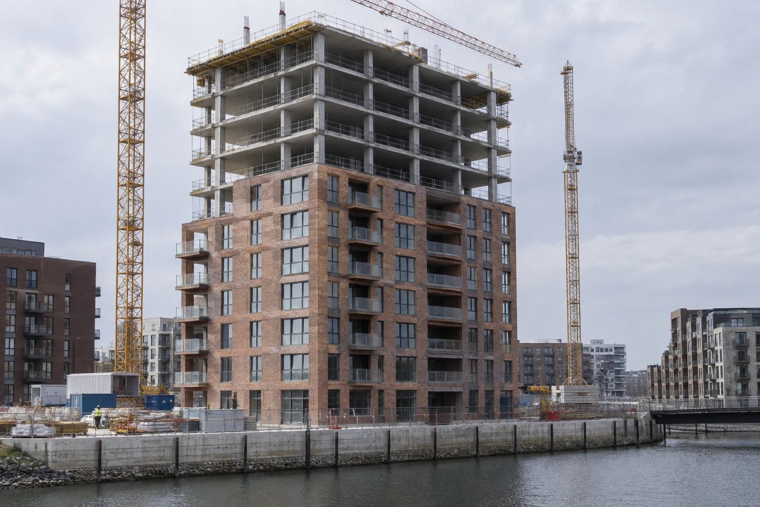 Fictional mid-rise tower construction site in an urban district