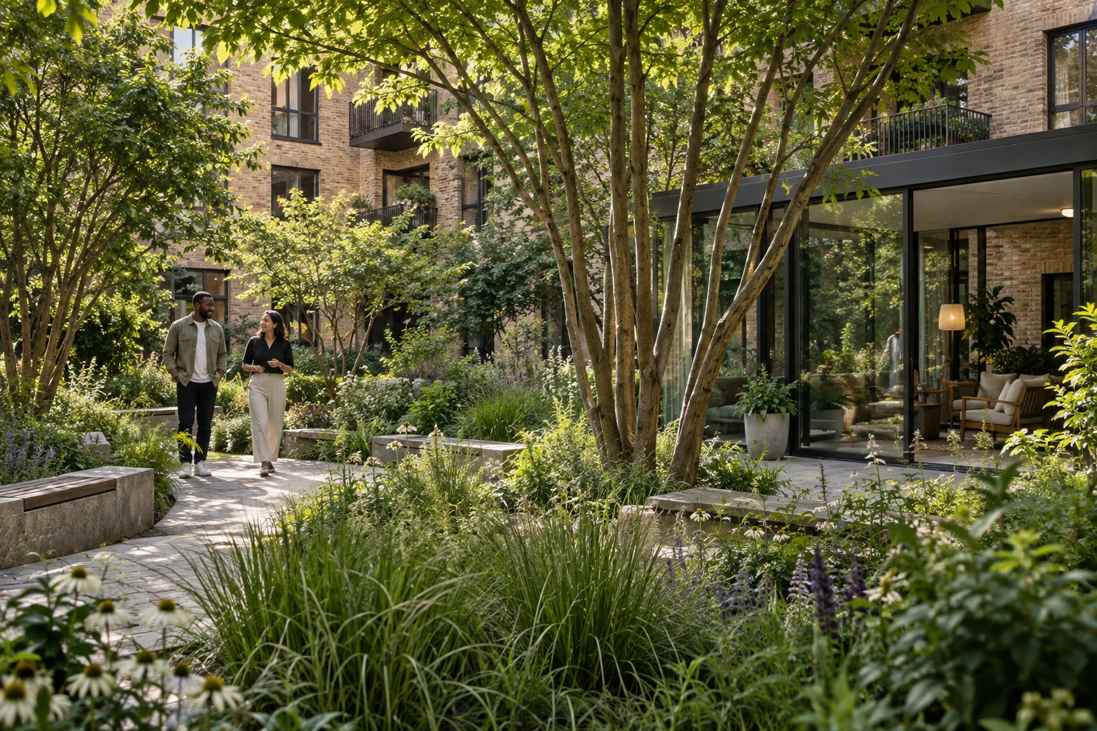 Residents walking through a warm planted courtyard