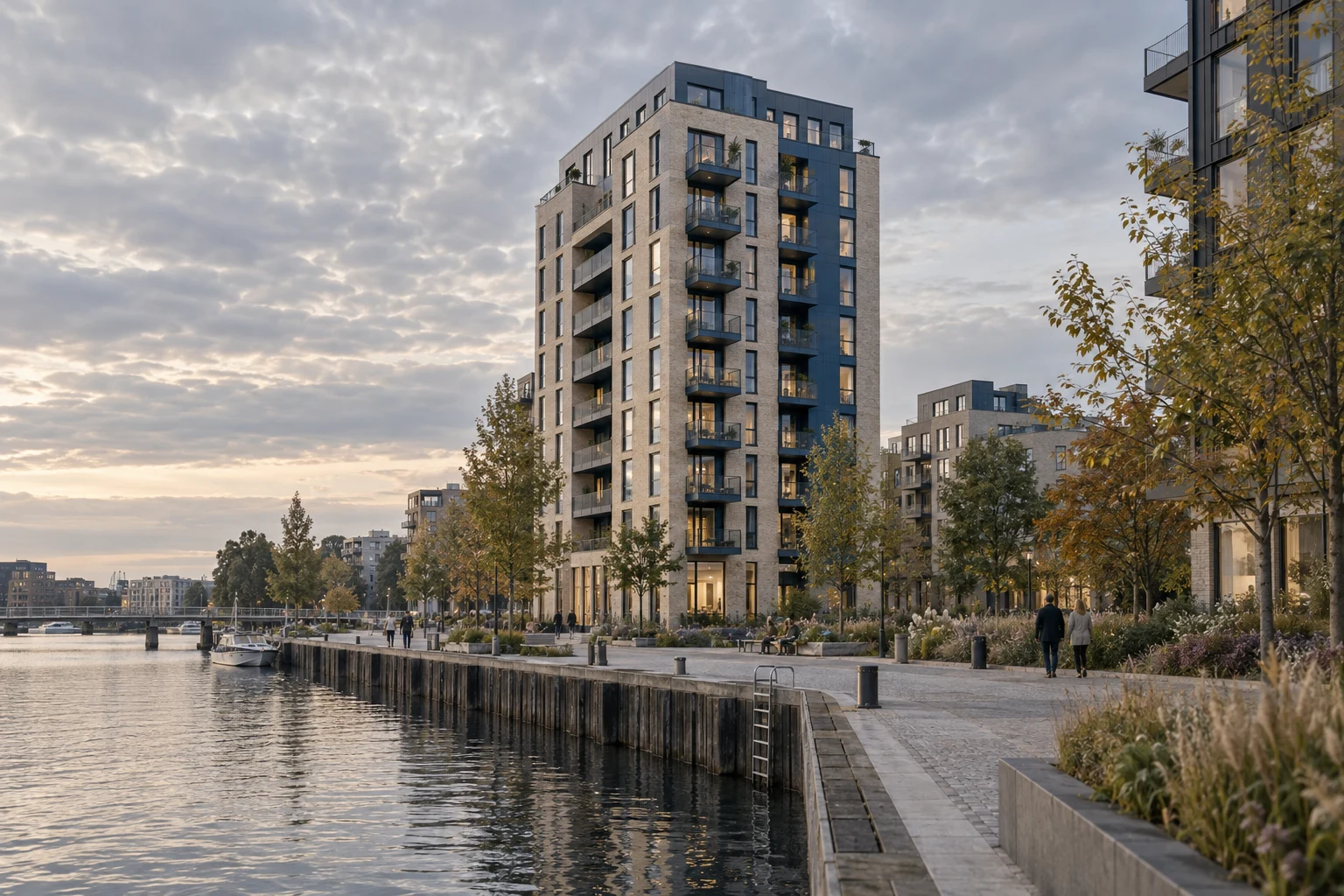A fictional slender brick residential tower beside a planted urban quay