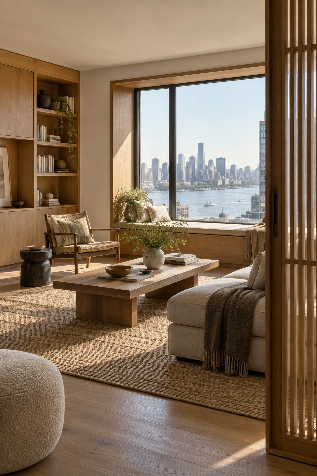 Calm contemporary apartment living room with wide windows