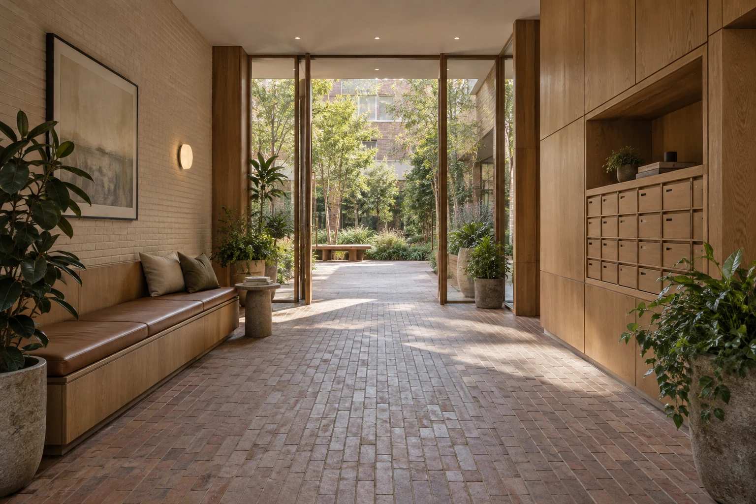 Residential lobby with crafted timber joinery and soft daylight