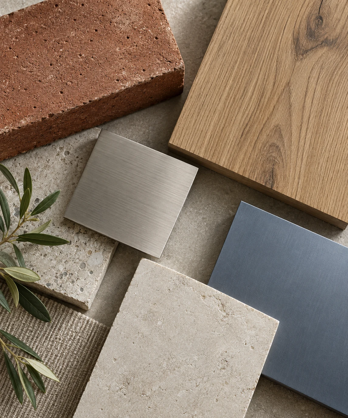 Close view of warm brick, oak and brushed metal architectural materials