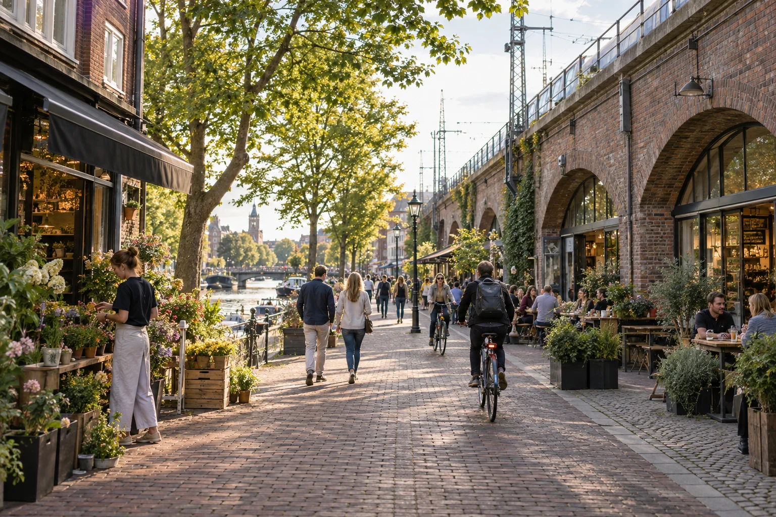A lively fictional waterside neighborhood with shops and bicycles