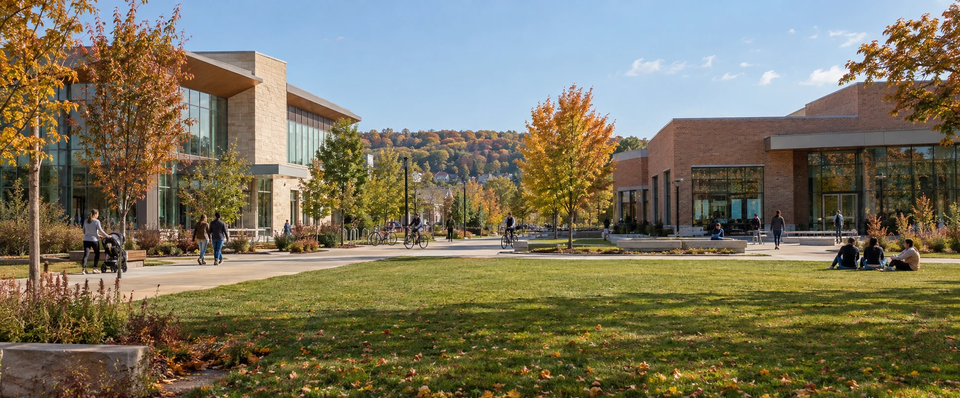 A fictional town civic commons with library, community hall, green space, and residents