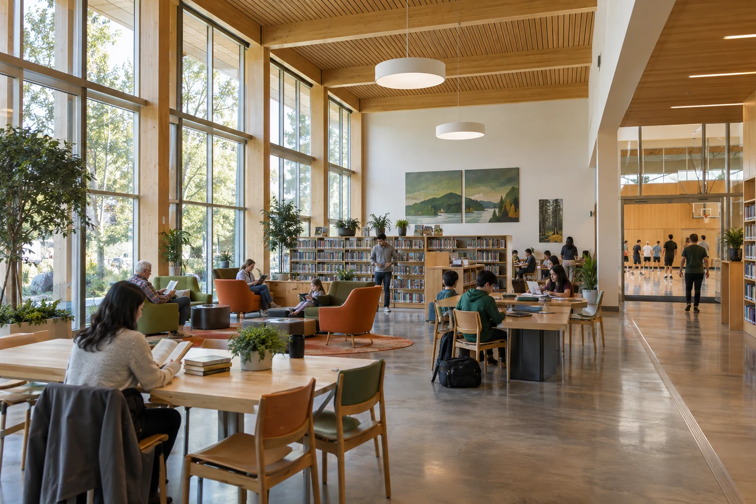 Residents using a bright fictional library and recreation hub