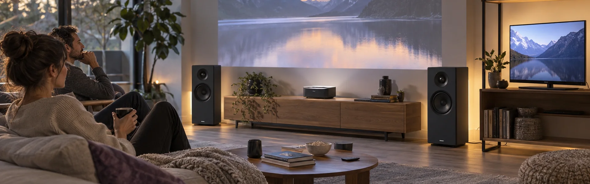 A fictional home-entertainment environment with a broad quiet title zone