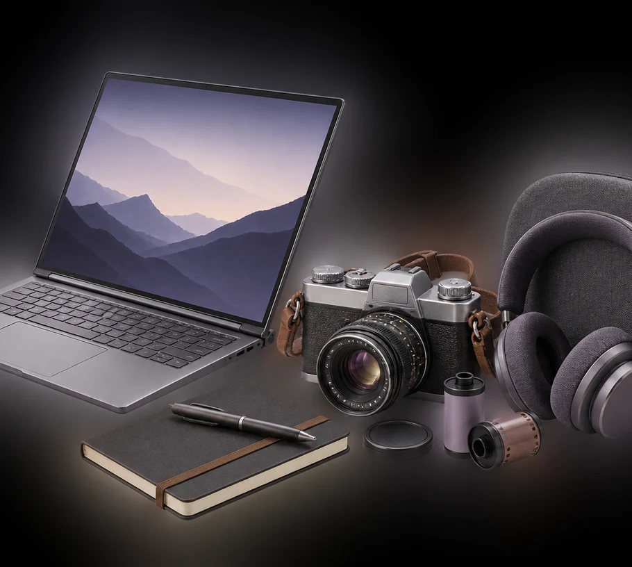 Original isolated arrangement of a coherent computer, camera and audio planning kit