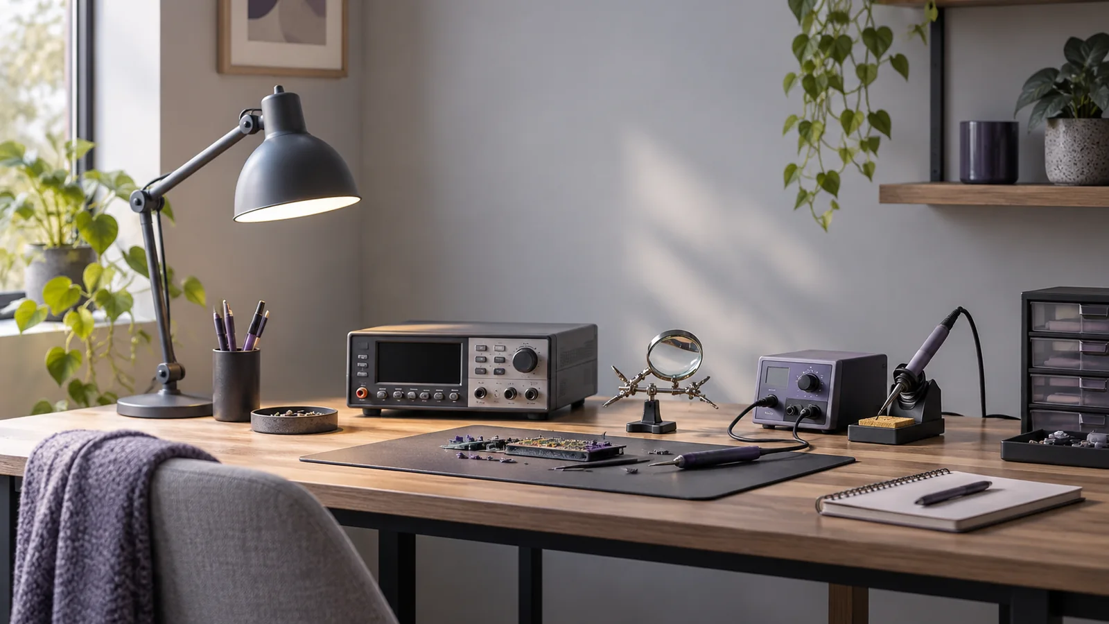 A calm fictional desk with a clear area for a question and enquiry link