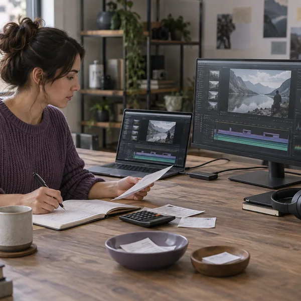 A three-month edit room: A freelance editor compares a desktop with a laptop and external display. She checks that the display connection supports the chosen resolution and that the separate laptop supply provides the required power. She keeps the deposit separate when comparing the cash needed at the start.