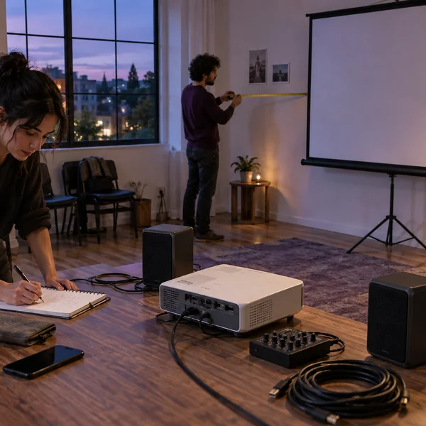 An evening in a borrowed room: An event organiser measures the projection distance and tests how much window light remains after dusk. The screen, audio input and signal cable go on the setup checklist. A brighter-sounding product name cannot replace those room measurements.