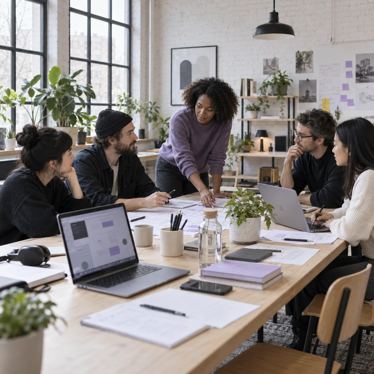 A fictional independent product team collaborating in a bright studio