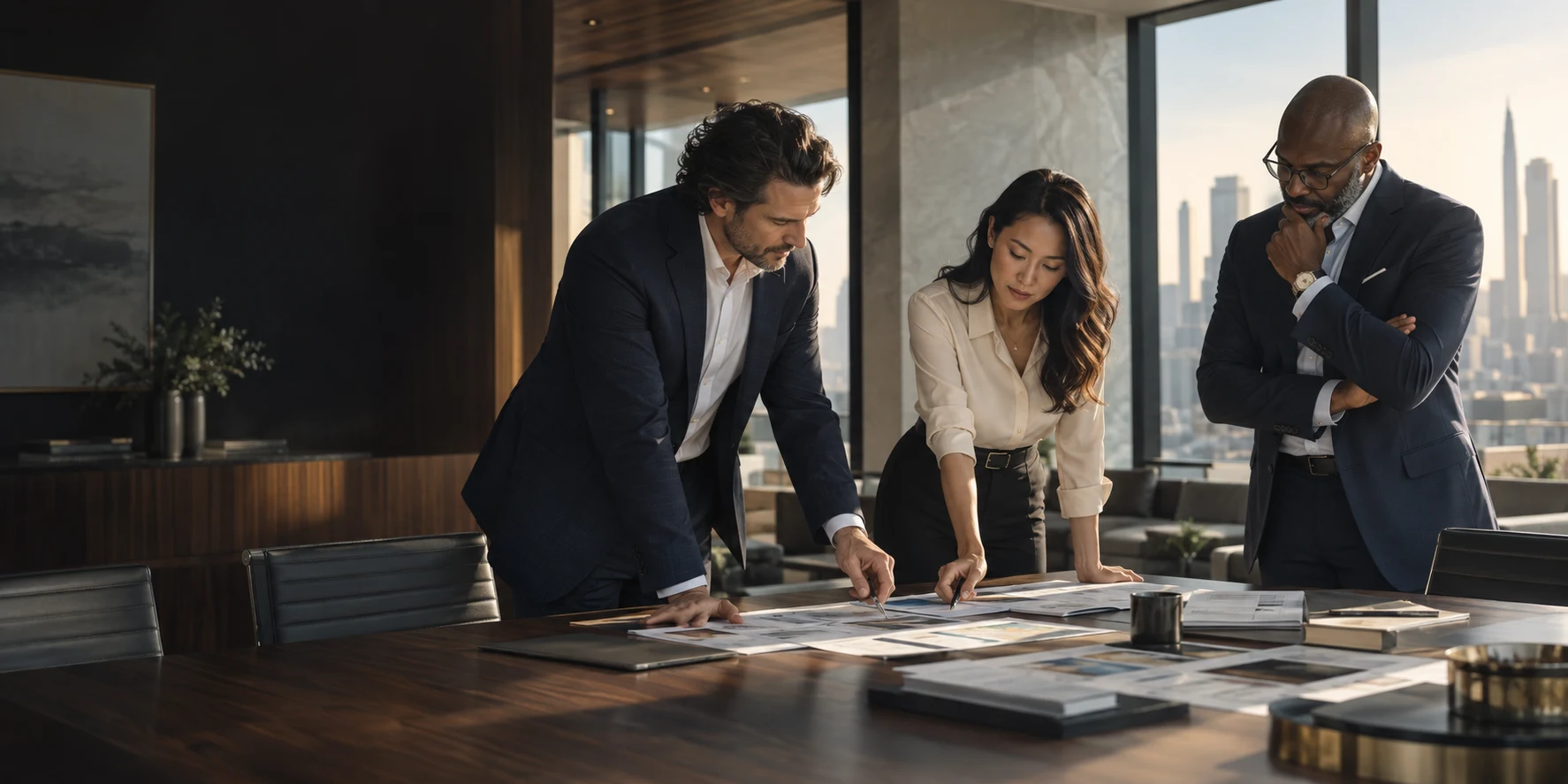 Consulting team reviewing a working session in a modern boardroom