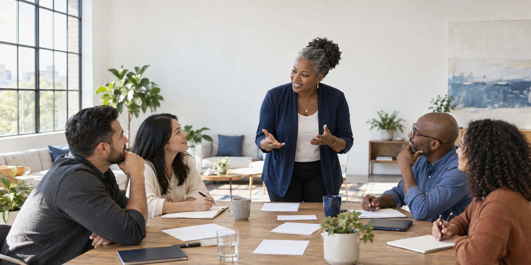 People learning and working together in a bright, welcoming studio