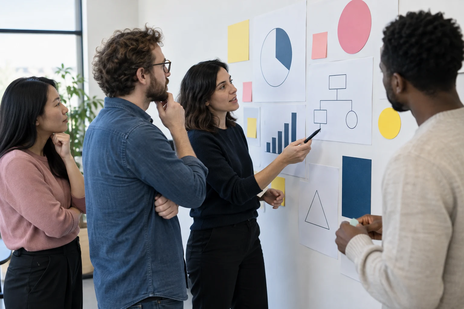 A team sharing ideas around a workshop table