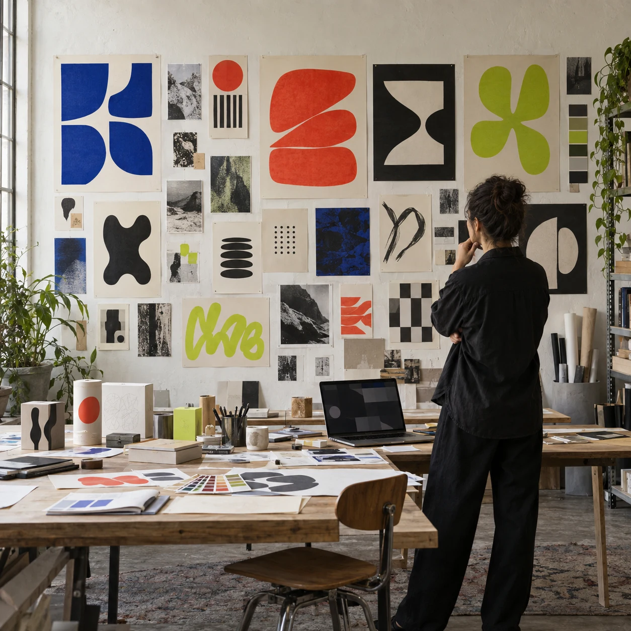 An art director reviewing original identity explorations in a daylight studio