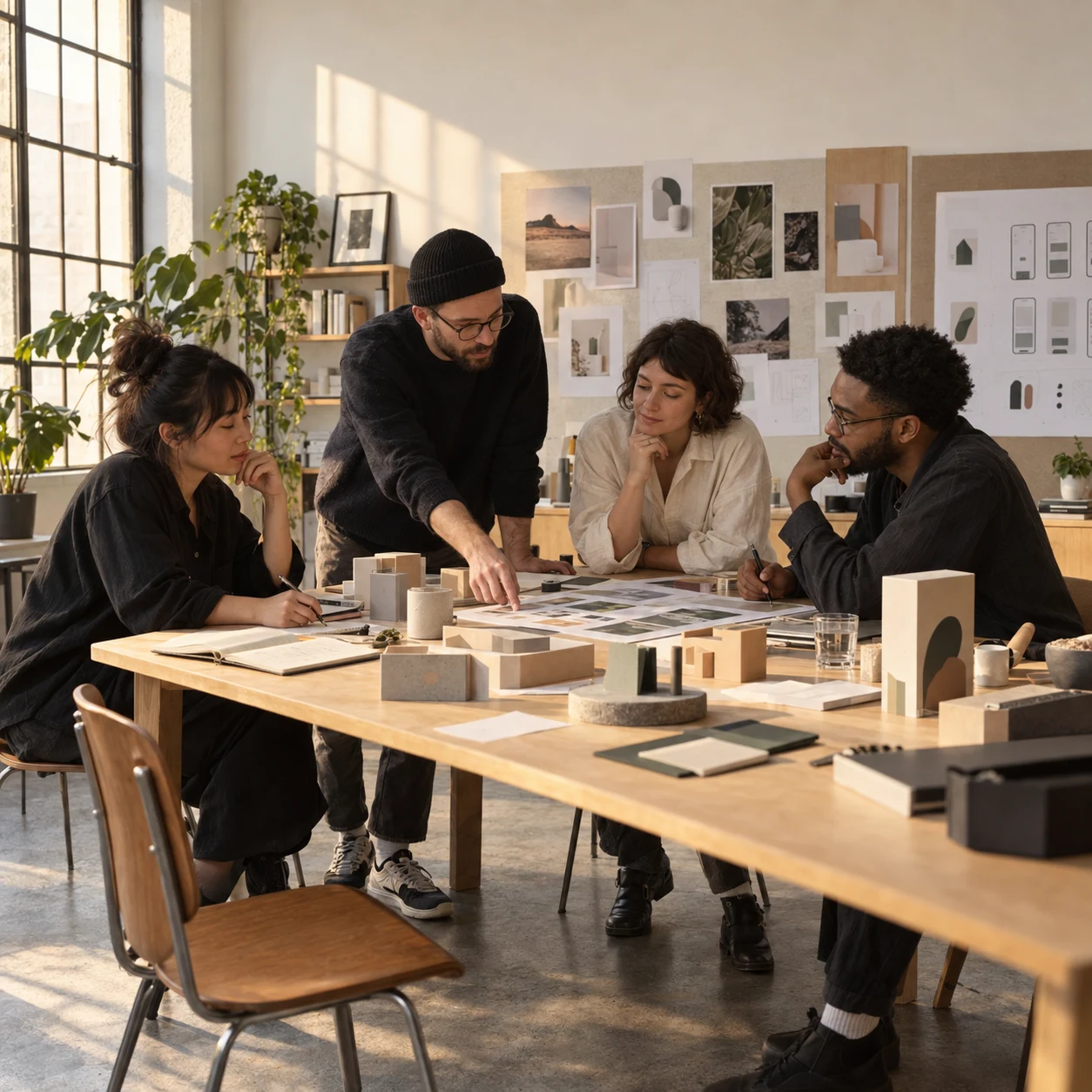 Four designers in a focused studio critique around a table