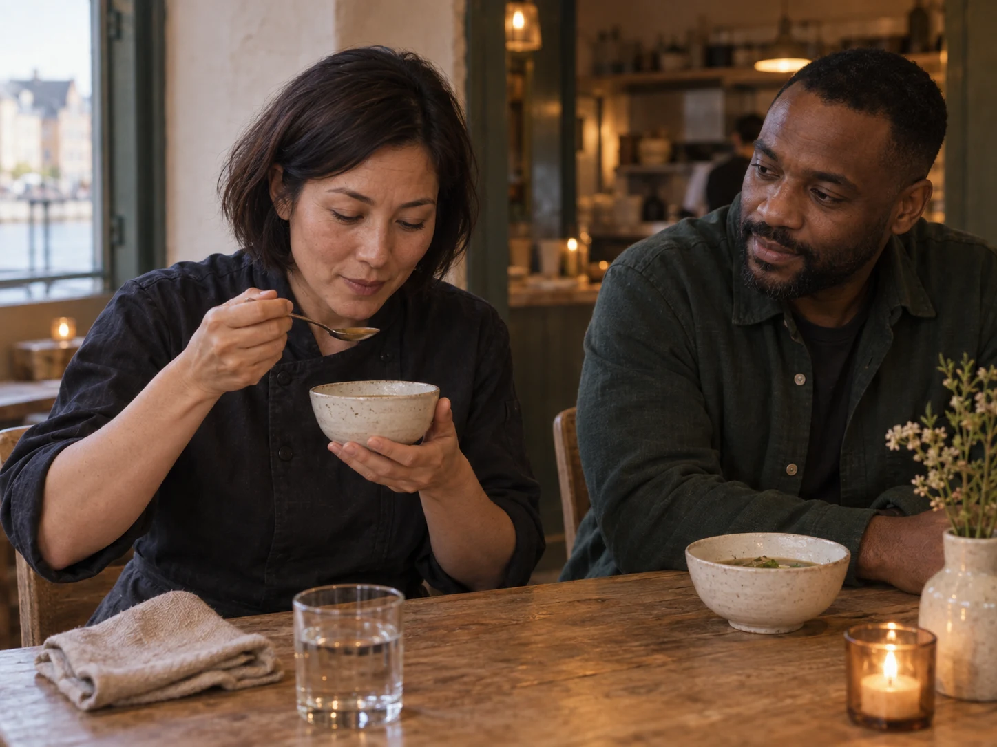 Mara testing a small broth bowl at a modest shared-kitchen table