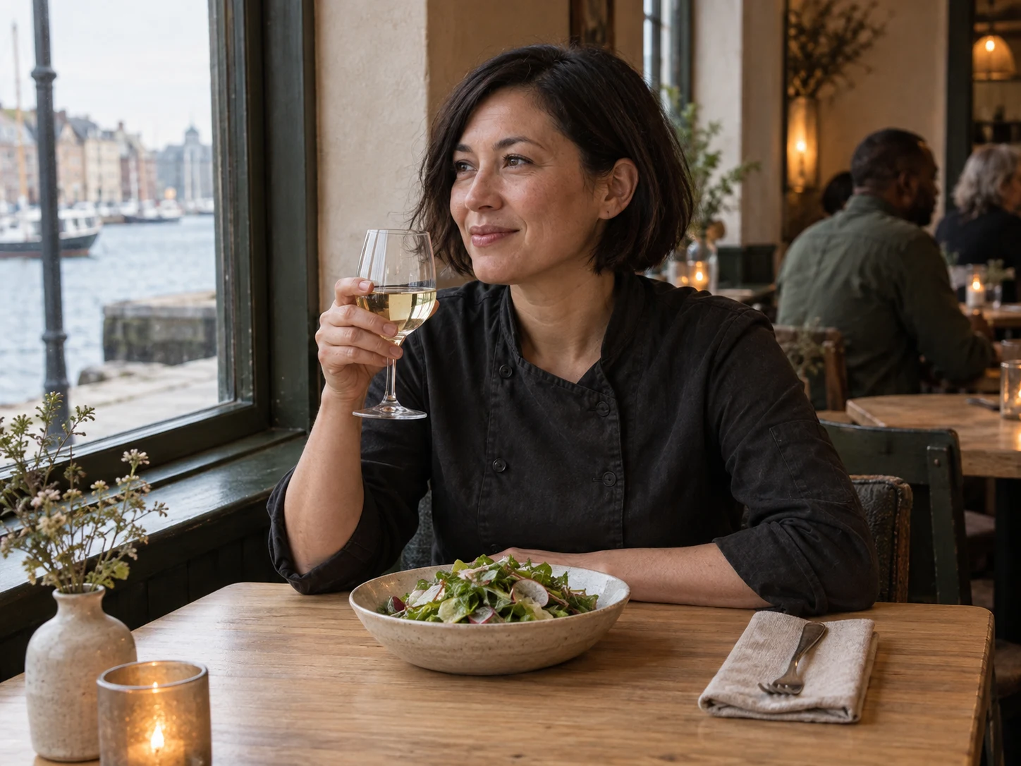Small lunch salad and a glass at a front-window table