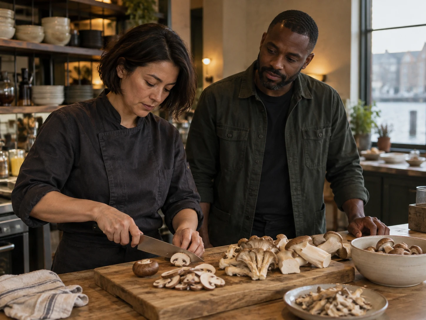 Mushrooms in different cuts on a kitchen board, no unlisted dish claim
