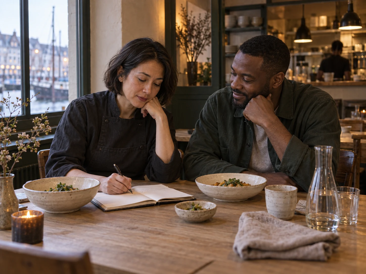 Mara and Jun at a shared kitchen table with bowls and a notebook; the first chapter of the fictional restaurant, with no legible private text.