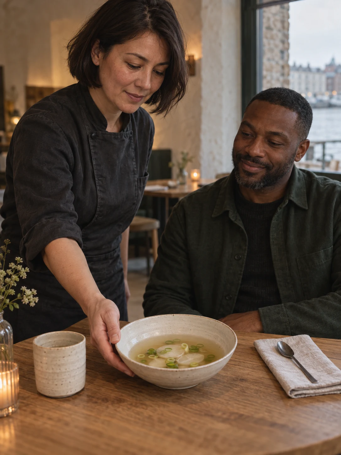 A broth with room to breathe. Cover composition: Clear kombu-turnip broth with spring onion.