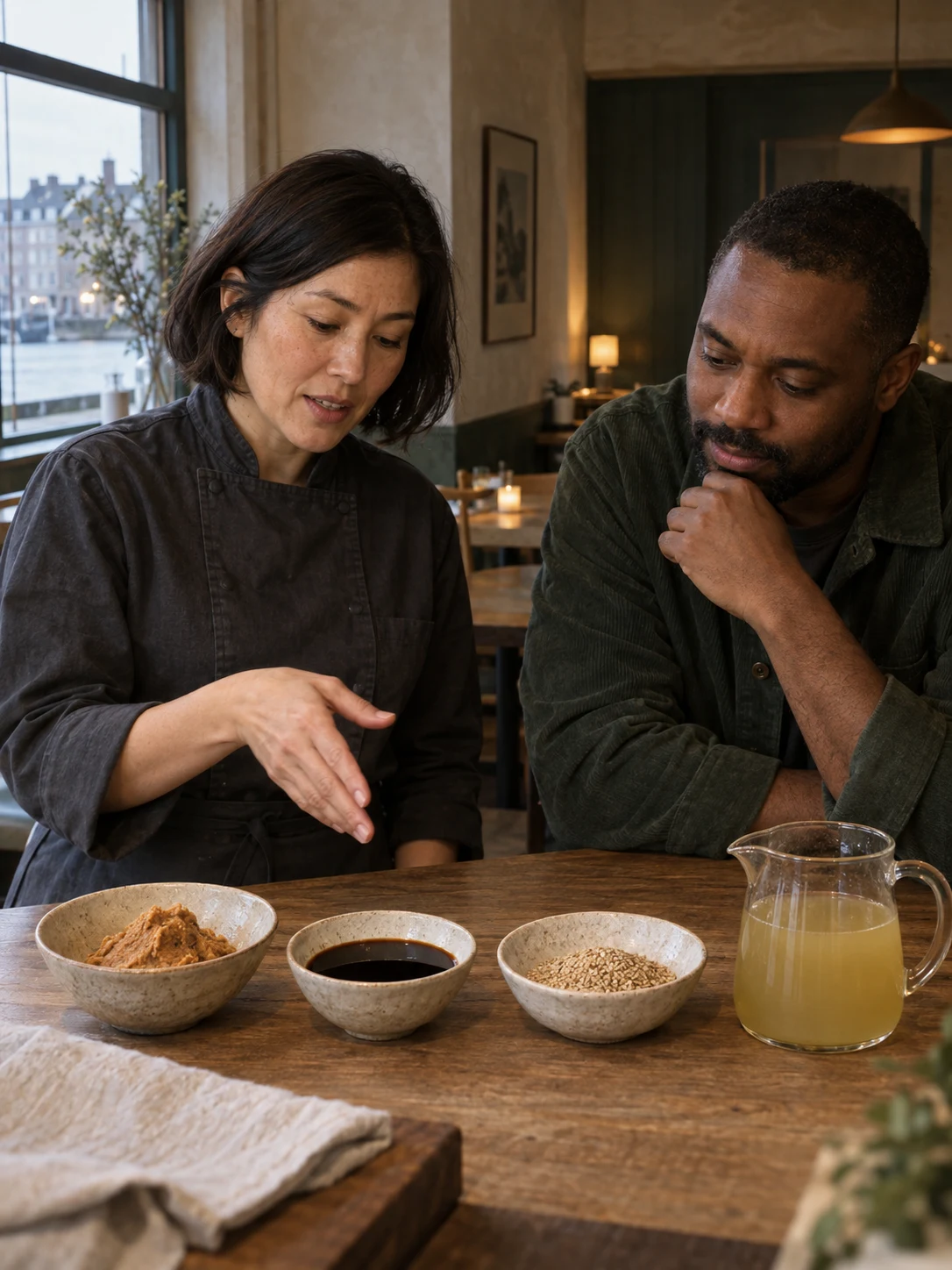 A menu editor asks about labels. Cover composition: Separate bowls of miso, wheat-brewed soy, sesame and a celery stock vessel, no fake labels.