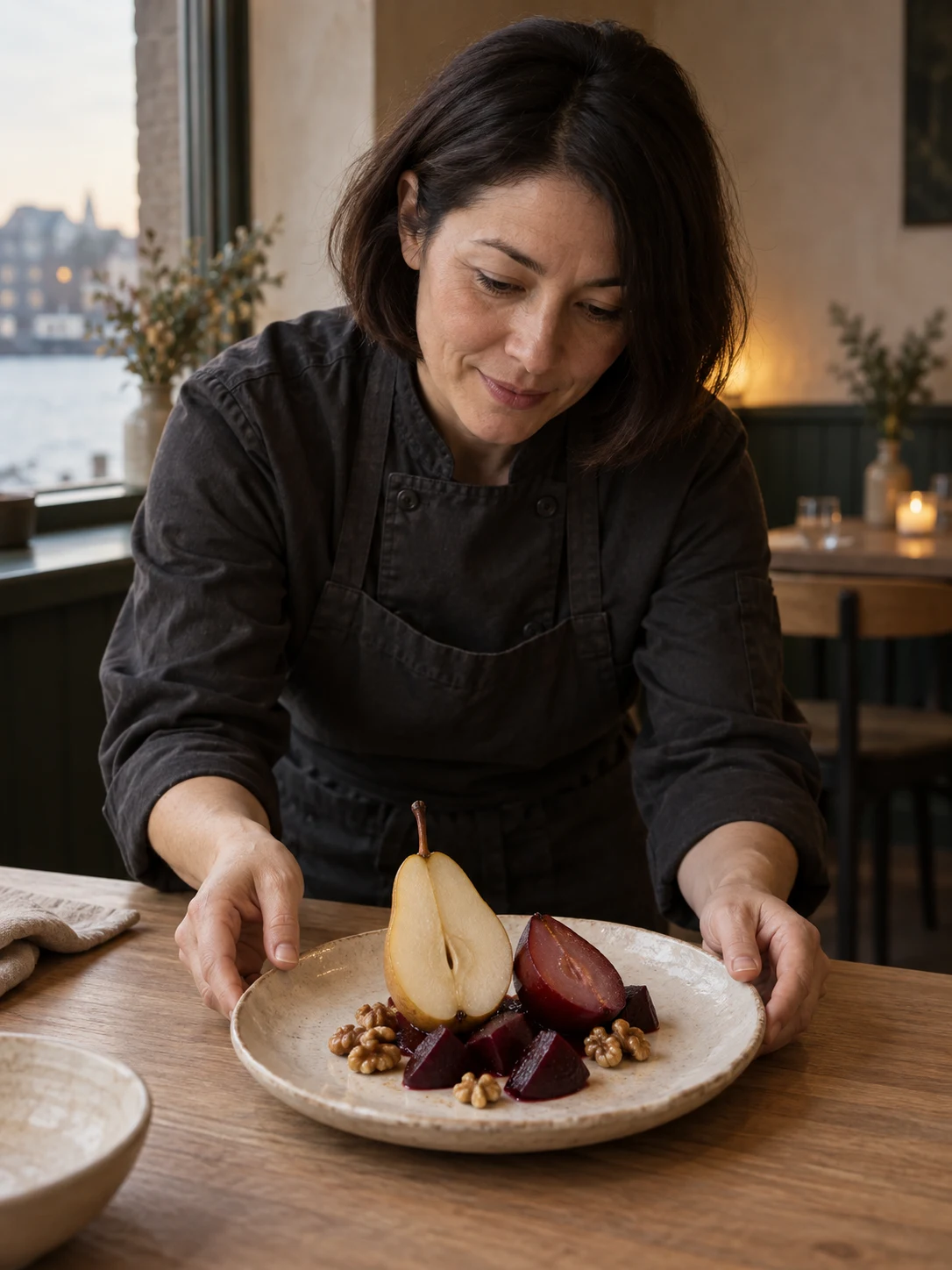 A pear in two temperatures. Cover composition: Raw pear cut beside beetroot and walnut.