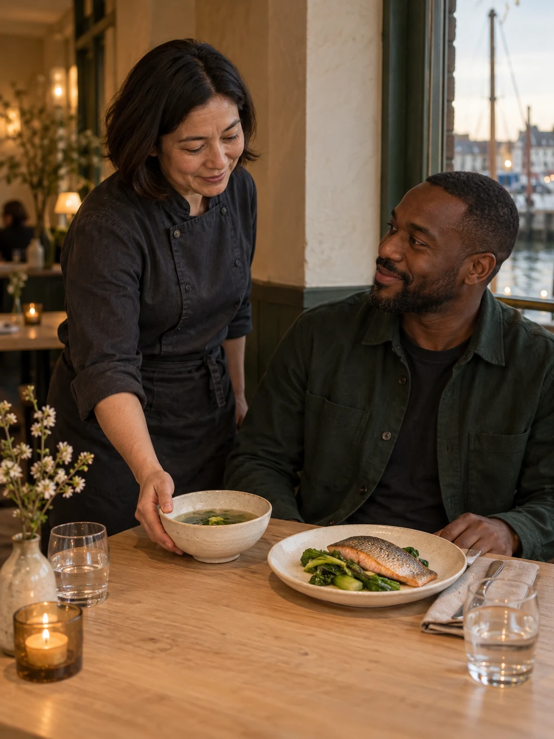 A spring table with space between. Cover composition: Clear spring broth and the trout dinner fillet as separate courses.
